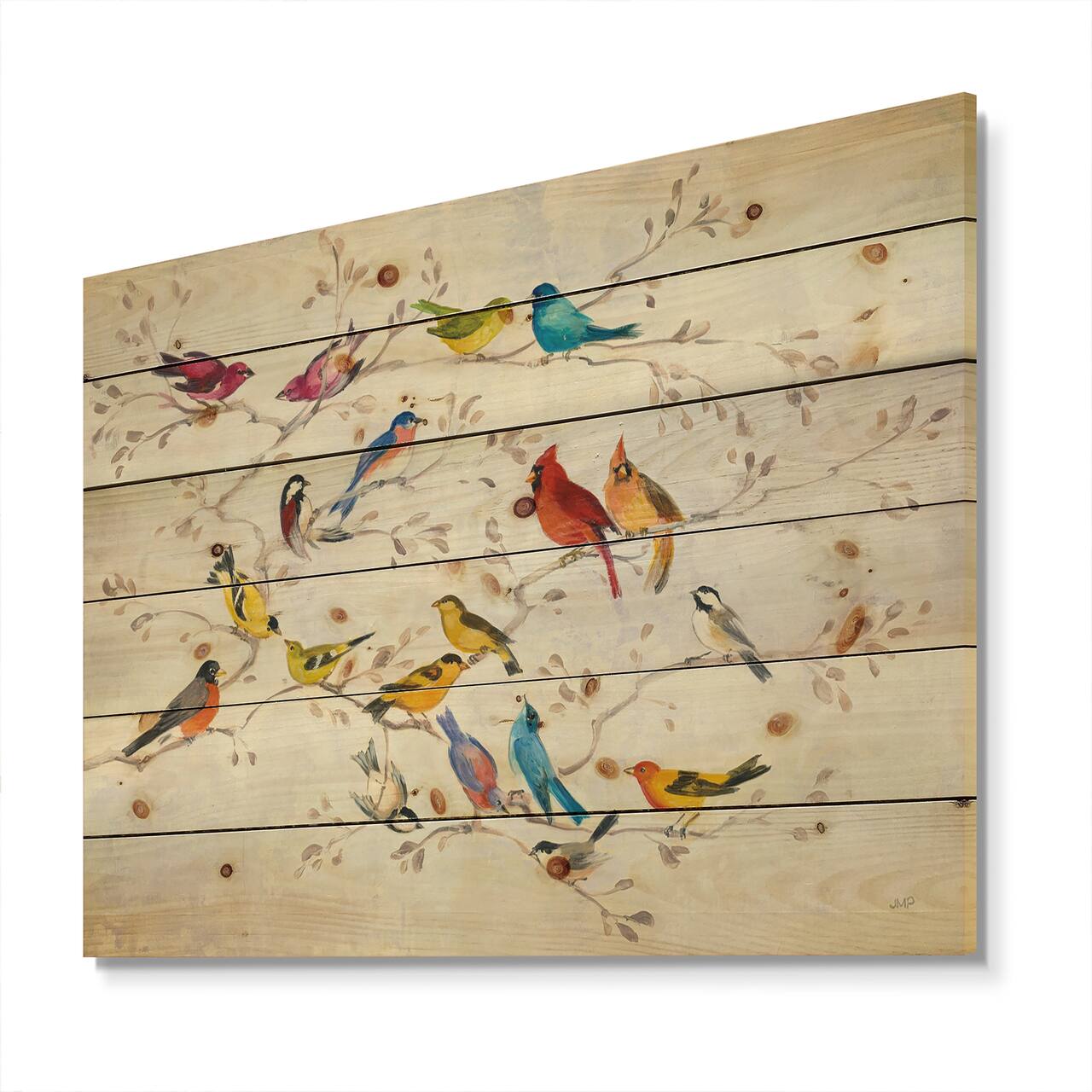 Designart - Multi-Color Bird on Tree - Modern Farmhouse Print on Natural Pine Wood
